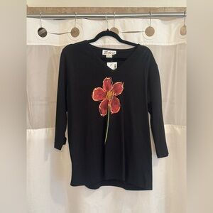 Elegant Black Blouse with Hand Painted Red Floral Accent